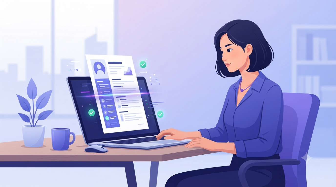 Illustration of a job seeker's resume being reviewed and approved by an AI-powered applicant tracking system