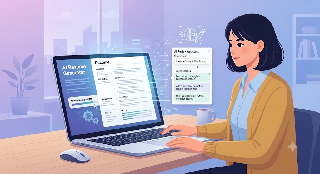 Illustration of a resume being generated and reviewed by an AI writing assistant on a laptop screen