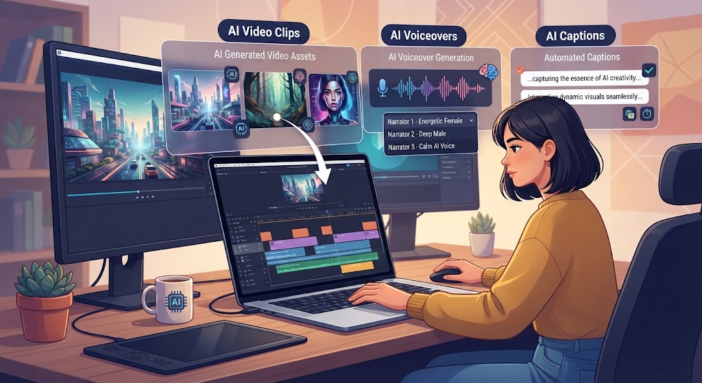 Illustration of a creator directing AI-generated video clips, voiceovers, and captions on a laptop timeline